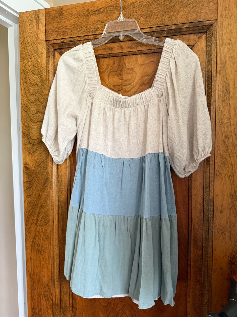 Women’s Tiered Peasant Top — Cream and Light Blue